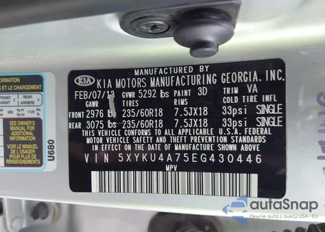 2014 Kia Sorento Ex V6 z USA, uszkodzony, nr VIN 5XYKU4A75EG430446